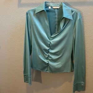 Mango Teal Ruched Blouse Satin Blouse
